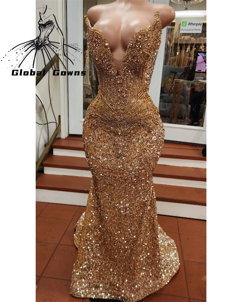 

2026 Luxury Gold Long Prom Dresses For Black Girls O Neck Bead Crystal Sparkly Sequined Long Birthday Dress Customized