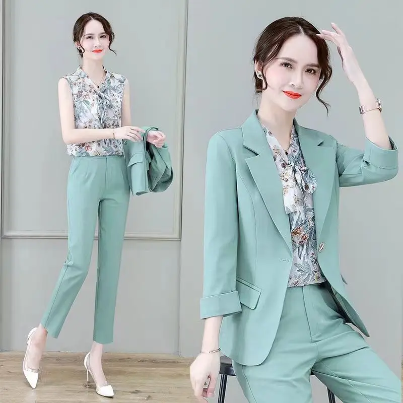 2023 summer new vintage print vest casual jacket blazer wide leg pants three-piece elegant women pants suit office outfit