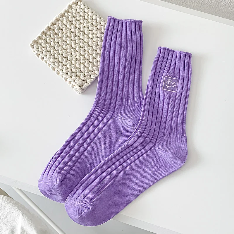 다채로운 면 자수 크루 양말 여성 패션 트렌드 일본 스타일 스택형 양말 사계절용