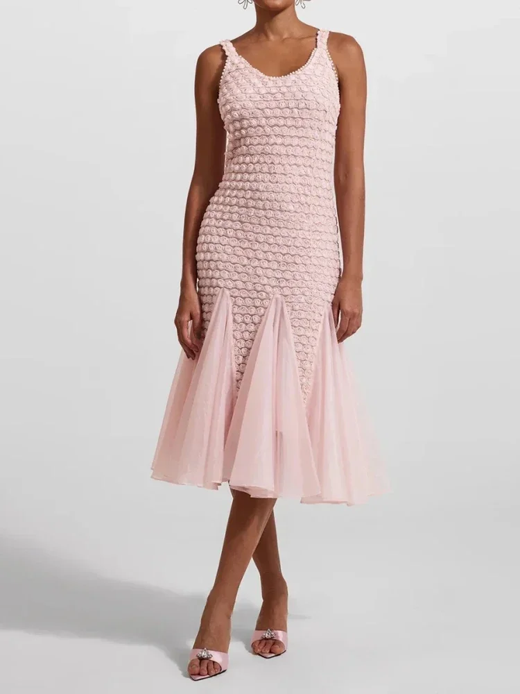 

Sexy V Neck 3D Rose Flowers Beaded Long Dress Women Pink Sleeveless Mesh Patchwork Slim Dresses Elegant Evening Party Gowns