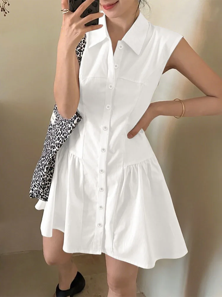 

VONDA Summer Mini Dress Women Solid Sleeveless Tank Sundress 2025 Casual Lapel Buttons Elegant Ruffled Vestidos Loose Short Robe
