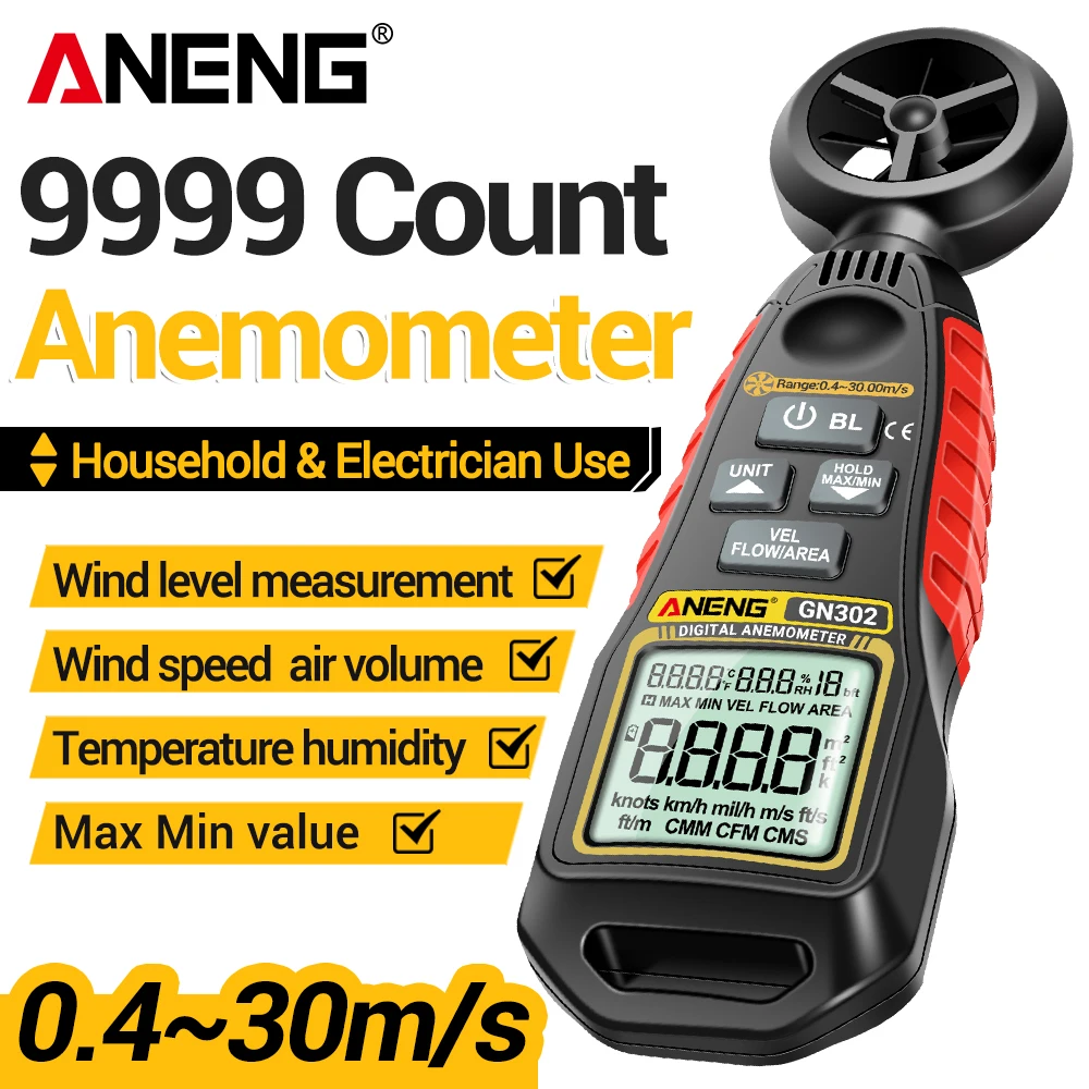 

Digital Anemometer 0.4-30m/s Wind Speed Meter 9999 Count Handheld GN302 Wind Speed Meter with Air Flow/Temperature/Humidity Test
