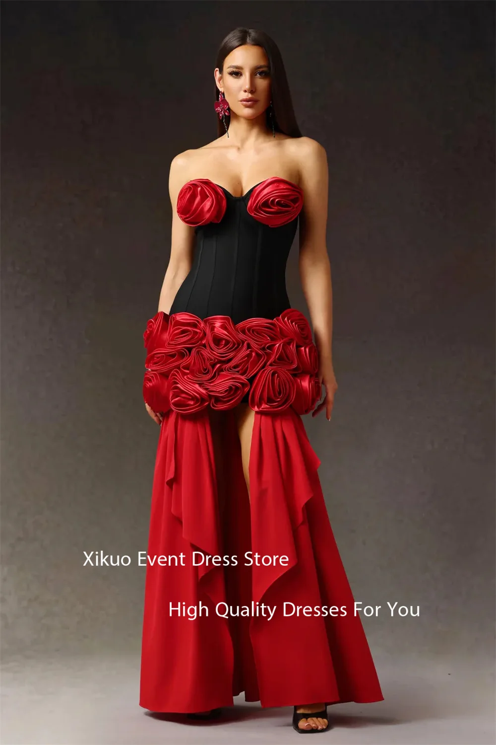 Xikuo vermelho e preto cetim vestidos de noite querida sofisticado robe cocktail femmes plissado 3d flores vestidos de baile personalizado