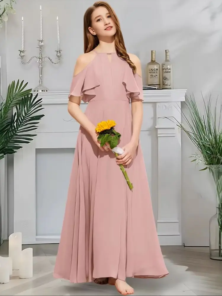 KGF Kids Halter Junior Bridesmaid Dress Misty Blue Flower Girl Dress Floor-Length Chiffon With Cascading Ruffled Layers Wedding