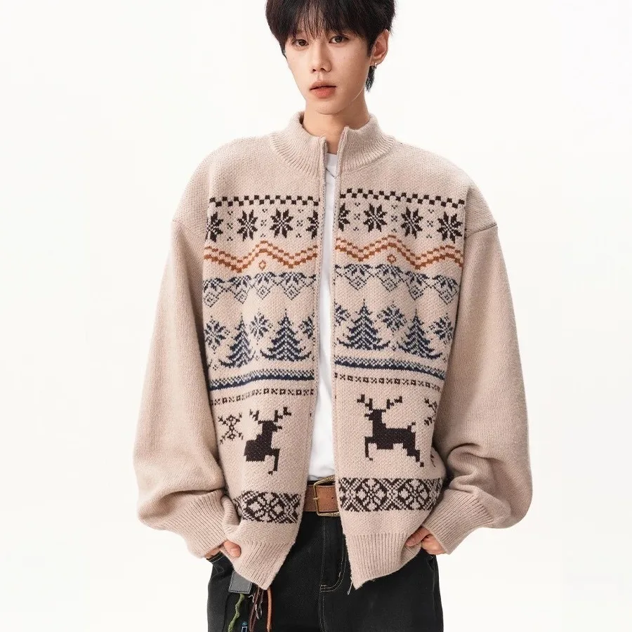 

Retro Totem Fair Isle Knitted Sweater Coat Men Autumn Winter Soft Warm Cardigan Casual Long Sleeves Stand Collar Knitted Sweater