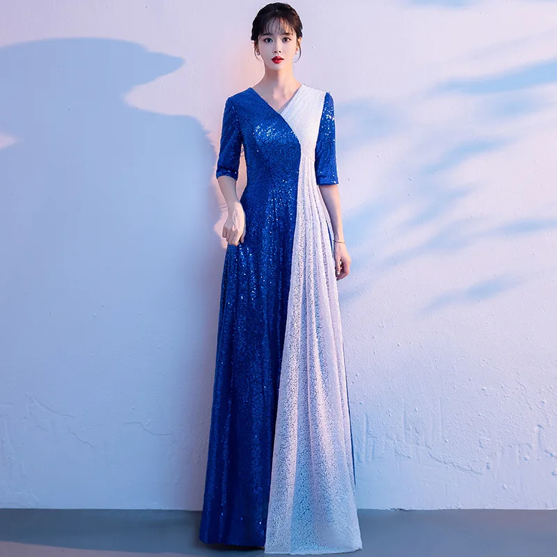 

Синее платье с пайетками и цветовыми блоками для выступлений в хоре, сценическое платье для ведущих, для выступлений поэта, пения, элегантное торжественное платье