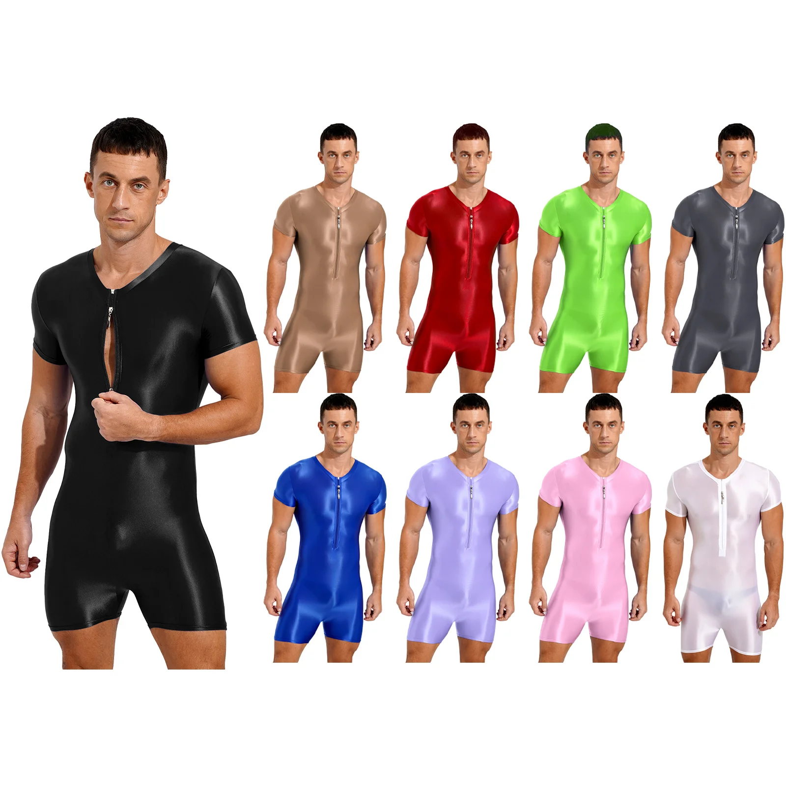 Men Shiny Oil Short Sleeve Boyleg One-Piece Swimsuit Double Zipper Sport Bodysuit Jumpsuit for Swimming Gym Bodybuilding Workout