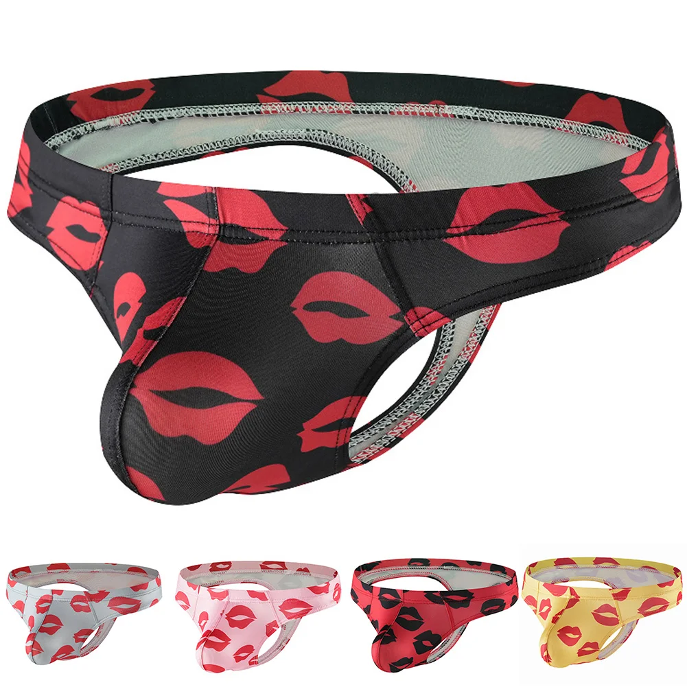 

Sexy Hot Men Red Lips Printed Thongs Underwear Sissy Lingerie Low Rise Bulge Pouch G-string T-back Panties