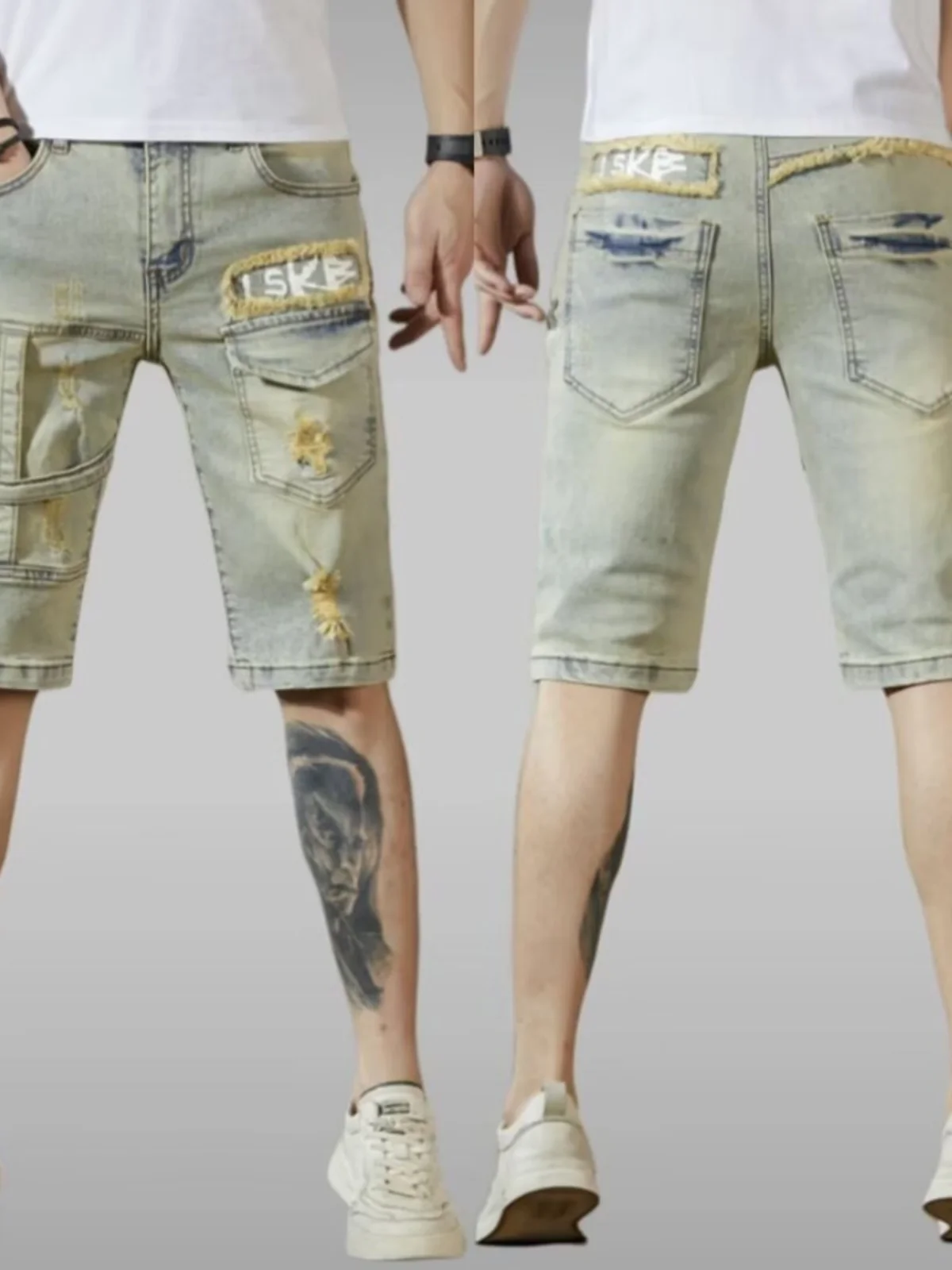 

Летние тонкие мужские джинсы в стиле ретро с лоскутным узором, повседневные, приталенные, прямые, длиной до колена, износостойкие, молодежный стиль