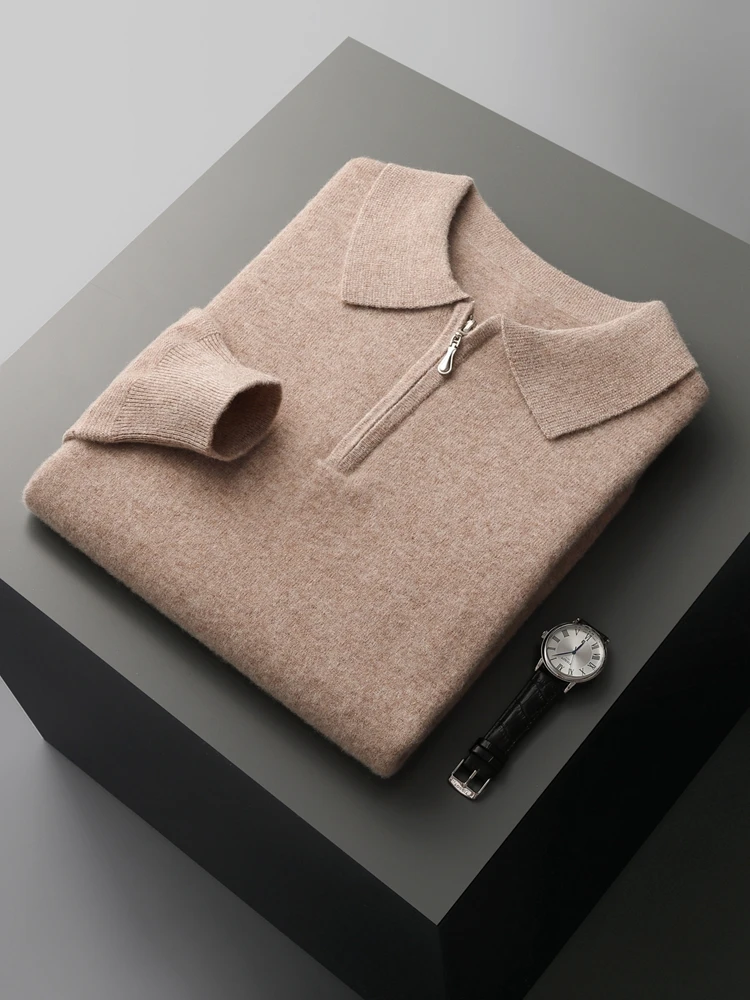 Autumn Winter Men Polo Collar Zippers Sweater Cashmere Pullovers Smart Casual Knitted Soft Long Sleeve 100% Merino Wool Knitwear