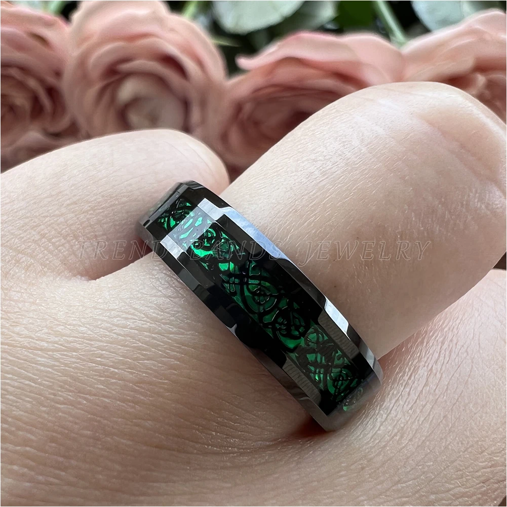6 mm 8 mm Eheringe für Herren und Damen, schwarzer Wolframring mit grünem Opal und schwarzem Drachen-Inlay, bequeme Passform – Detail 10