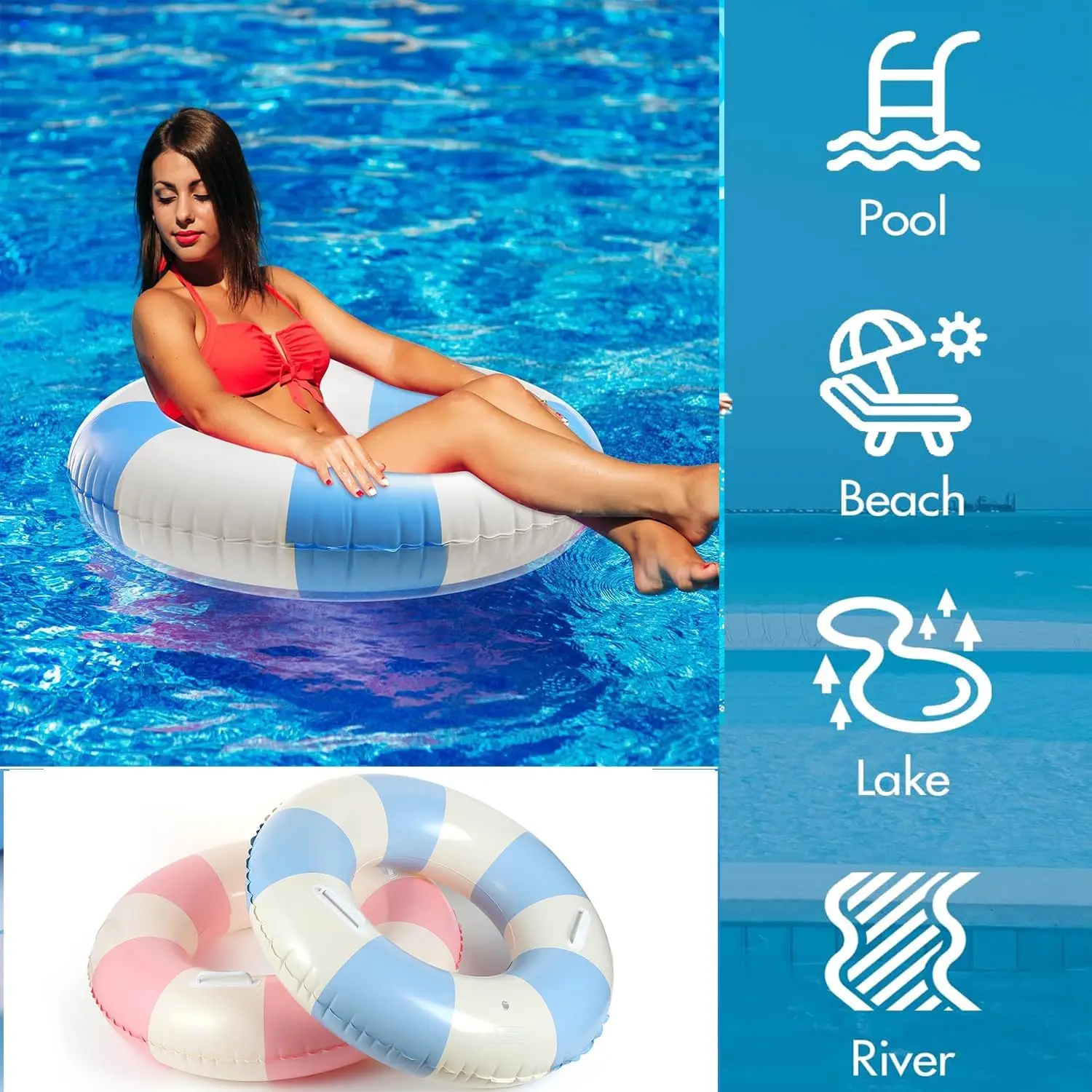 Flutuadores de piscina infláveis para adultos, 2 pacotes listrados, tubos de piscina, anéis de natação com alças, flutuador de piscina inflável para natação