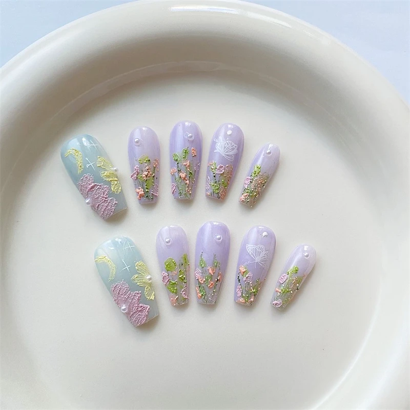 Oil Painting Handmade Fake Nail Design Reusable Press On Nails Cute Butterfly Flower Wearable Adhesive Women False Nail Tips Art