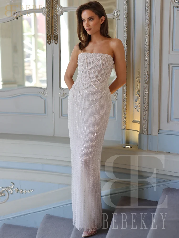 BEBEKEY فستان زفاف بعمود مطرز بالترتر اللامع فستان رسمي لحفلات الزفاف الفاخرة فستان زفاف مخصص