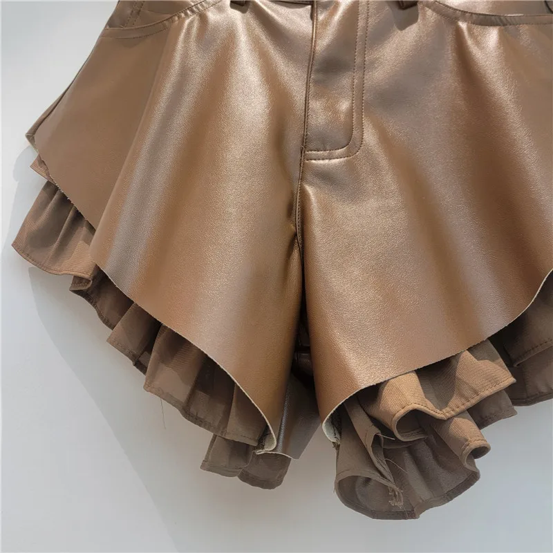 WTHT Trendy Summer 2026 Women's Double-layer Spliced PU Leather Shorts Fashion A-line High-waisted Short Pants Female 1LS3101