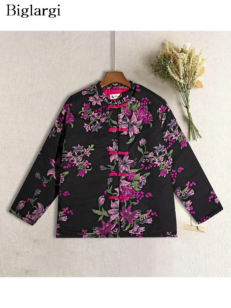 Padded Cotton Winter Flower Floral Print Jackets Coat Women Fashion Casual Loose Ladies Oversized Jackets Long Sleeve Woman Coat