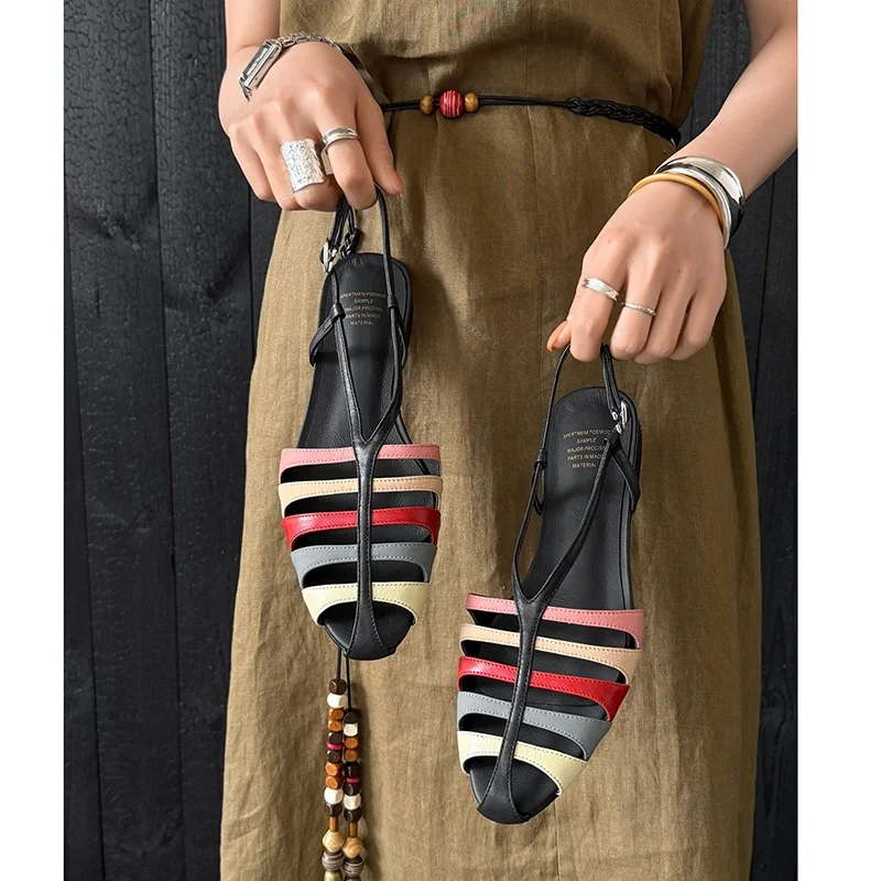 

Genuine Leather Cowhide Women Sandals,Mixed Color Flat Sandals Summer Fashion Party Womens Shoes