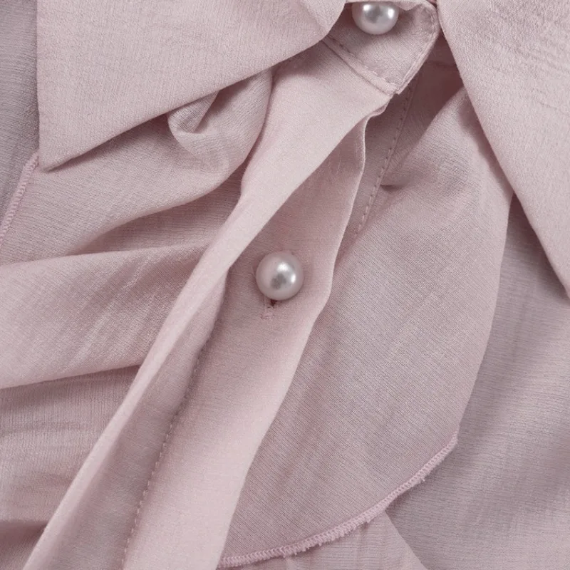 Damen Französisches Rüschen-Minikleid 2026 Sommer Revers Langarm A-Linien-Hemdkleid Lässiges Party-Strand-Date-Kurzkleid – Detail 5