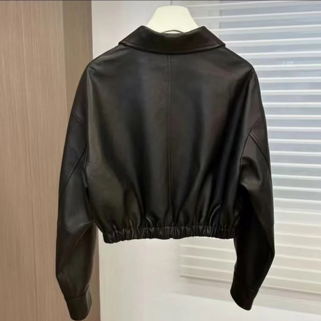 Faionable ort Motorcycle Jaet Women's Synthetic eepskin Coat Elastic Waist PU Leather Top Trendy Commute Sle Zipper