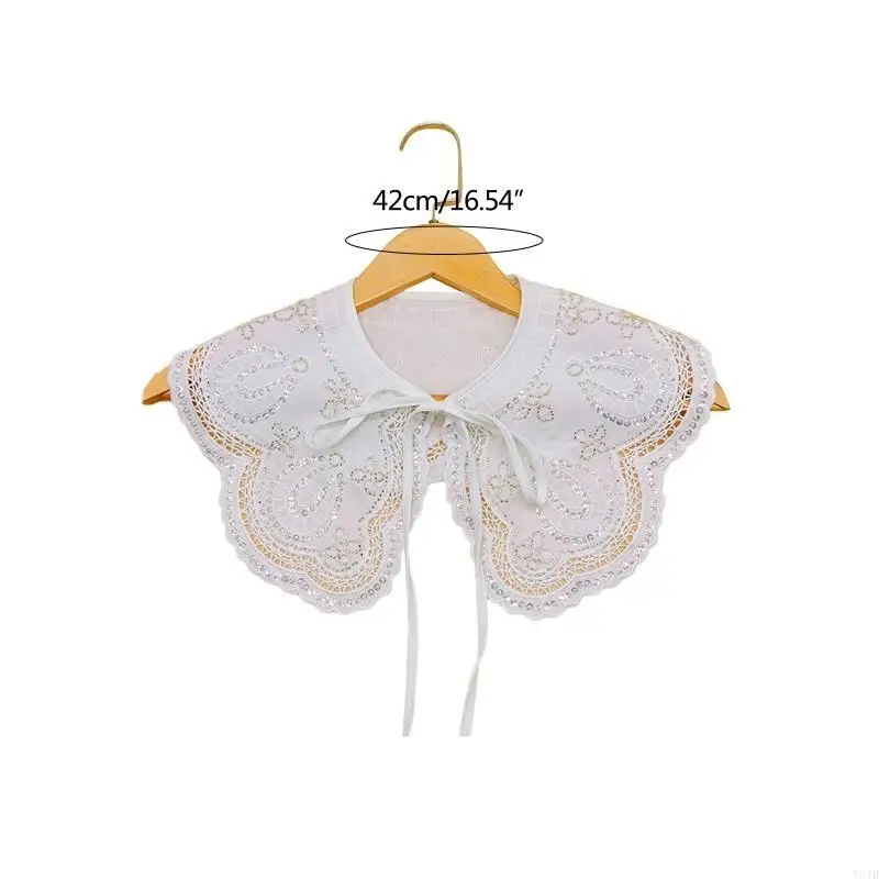 Y5JD Women Wavy Scalloped White Shawl Lapel Fake Collar Shiny Sequins Beaded Embroidery for Butterfly Floral Scarf Hollow Out