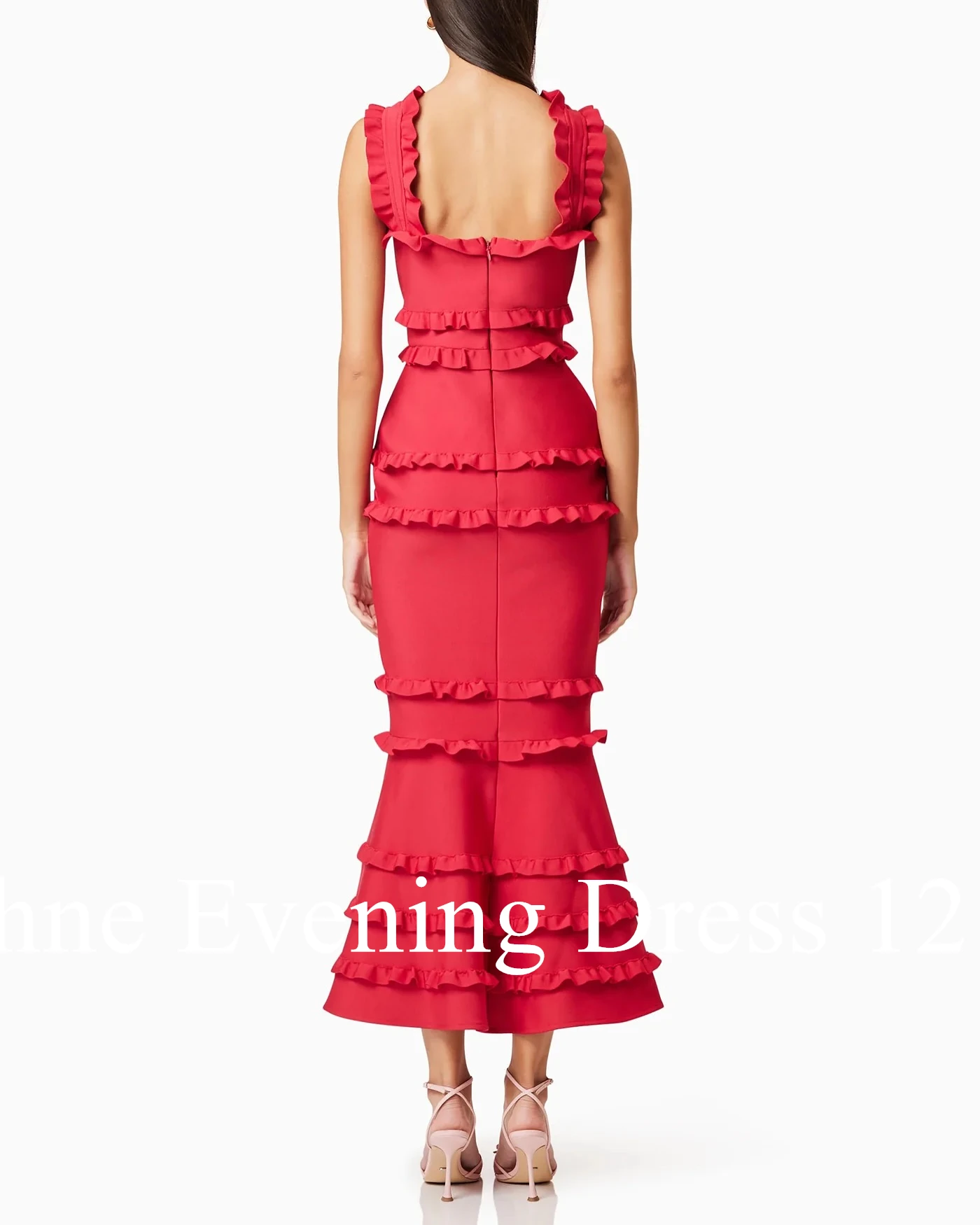 Customized Graceful Mermaid Square Collar Spaghetti Straps Ruffles Flowers Evening Dress Modern Satin Pleats Vestido De Festa