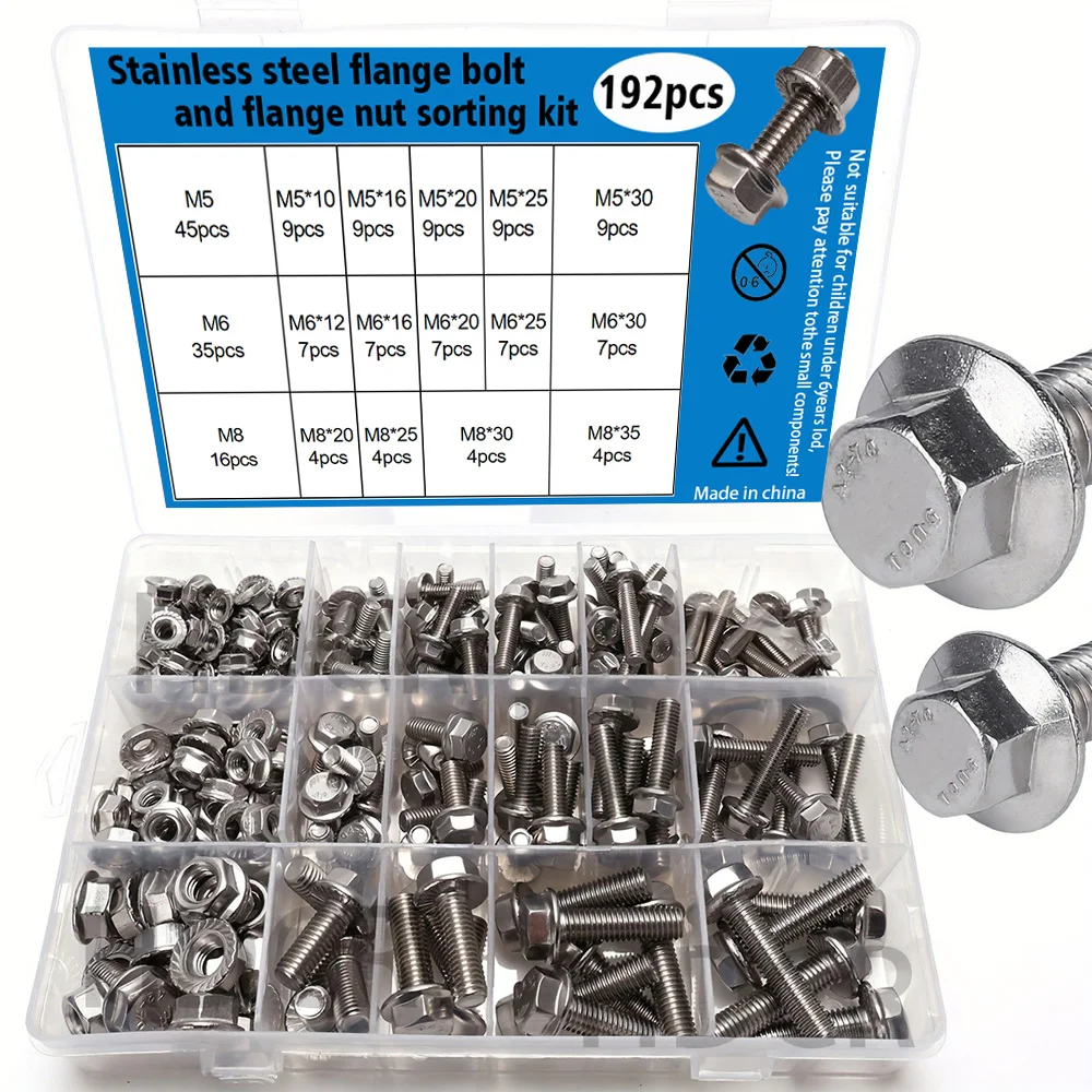 

192-piece stainless steel hexagonal flange bolt and nut set, M5/M6/M8, length 10-35mm