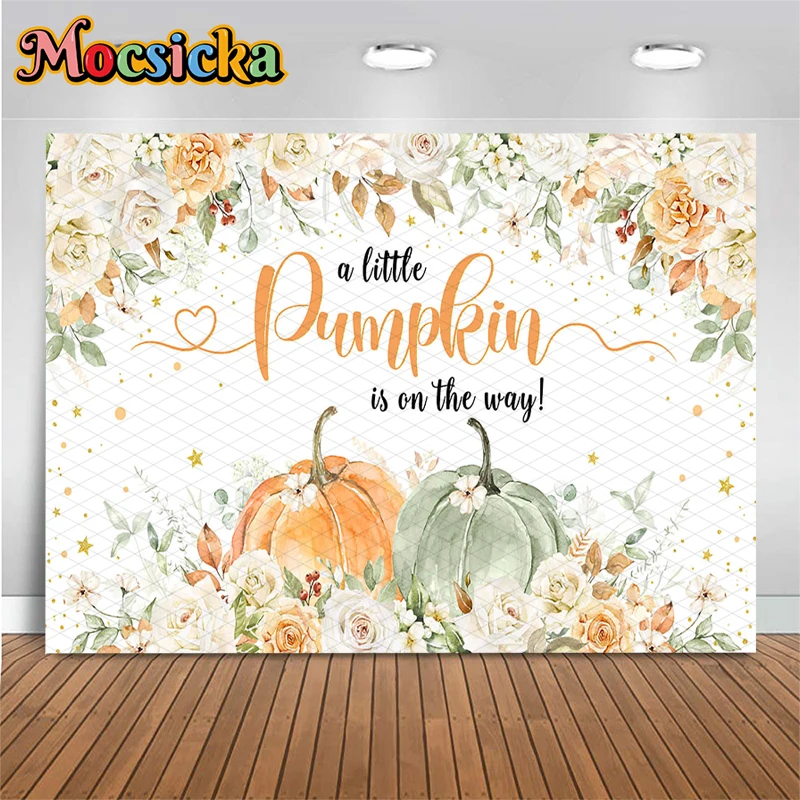 Mocsicka He Or She Backdrop Gender Reveal Green Orange Floral Pumpkin Party Photography Background Girl Boy Fall Baby Photobooth
