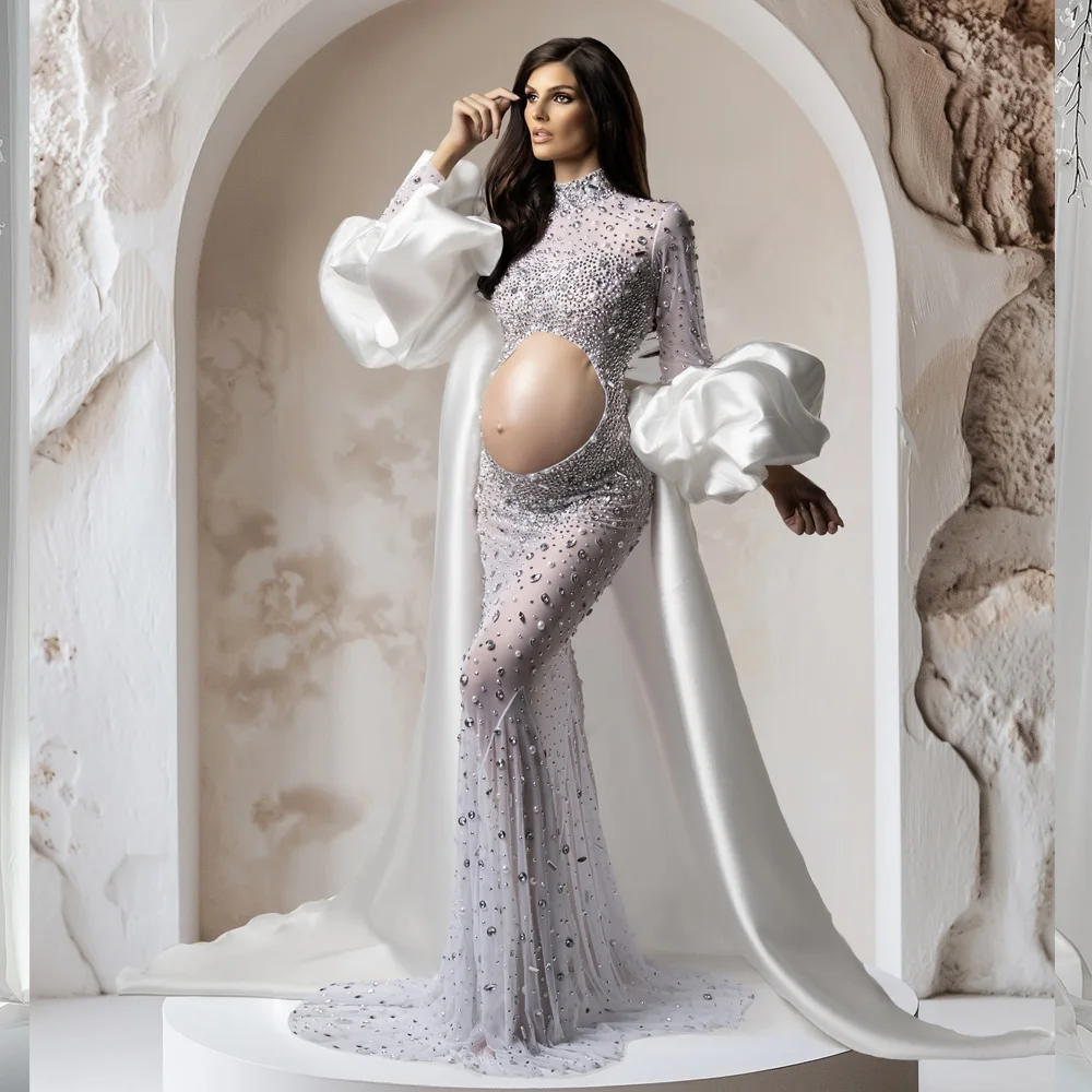 Mulheres grávidas sessão de fotos vestido elegante brilhante strass vestido de noite sexy ver através de vestidos de maternidade elásticos