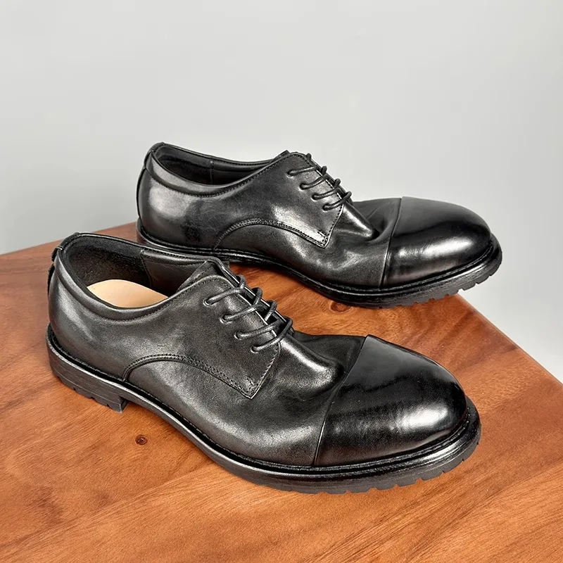 

British Premium Hand Sewing Leather Shoes Men Breathable Cow Leather Vintage Derby Shoes Casual Formal Shoes