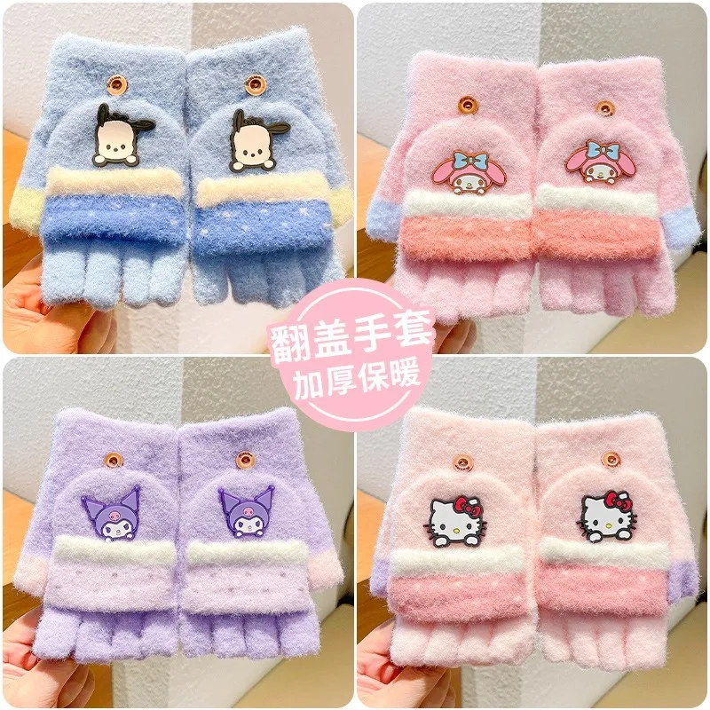 

5-15years for Hellokitty Gloves Kuromi Children Toddler Knitted Gloves Outdoor Keep Warm Flip-up Gloves Girl Christmas Gift