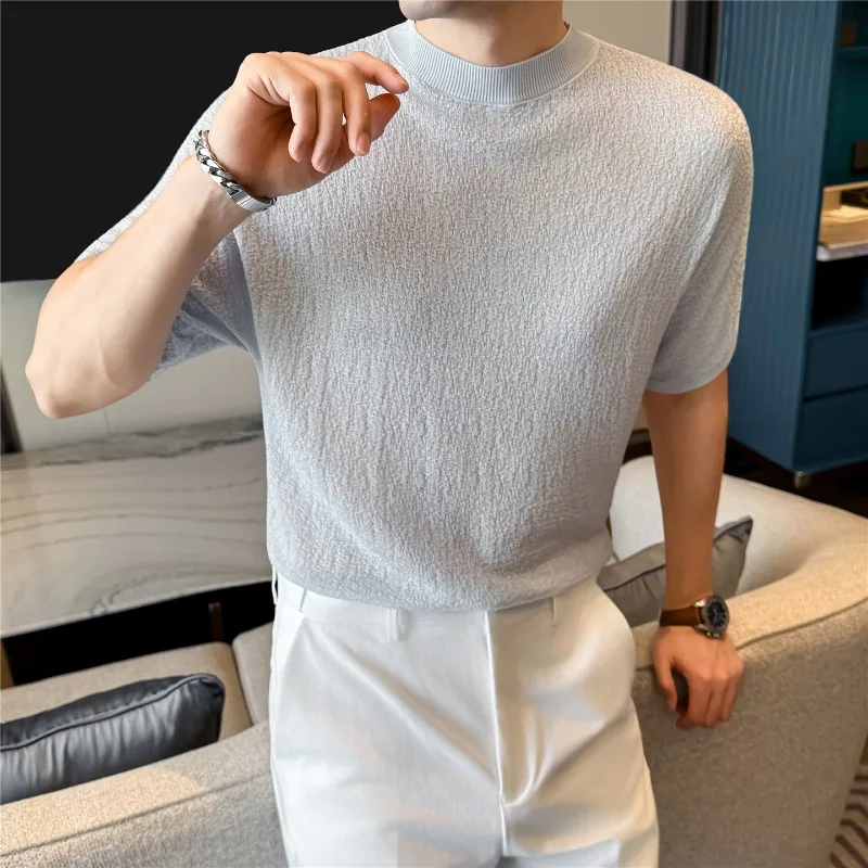 Lyocell Short Sleeved T-shirt Men Summer Round Neck Knitted Sweater Loose Casual Raglan Sleeves Tshirts Cool Business Base Shirt