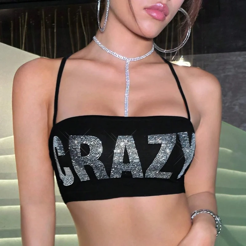 

Летний топ с горячим тиснением Crazy Letter Y2K без рукавов с открытой спиной и перекрестными бретелями, популярный короткий топ на бретелях, женская одежда