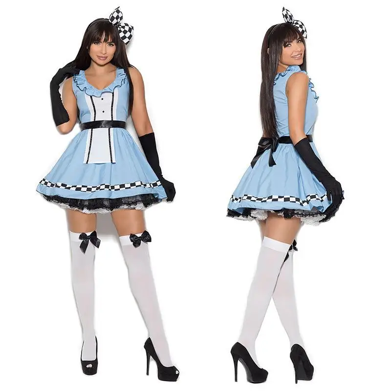 

Sexy Adult Alice in Wonderland Maidsuit Blue Costume for Performances And Halloween Parties Elegant Lady's Maid Outfit