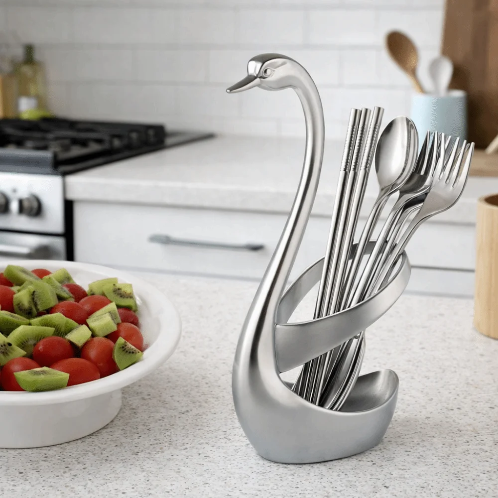 Creative Zinc Alloy Swan Shape Cutlery Holder Decorative Delicate Swan Fork Spoon Holder Anti-Rust Swan Tableware Holder Hotel