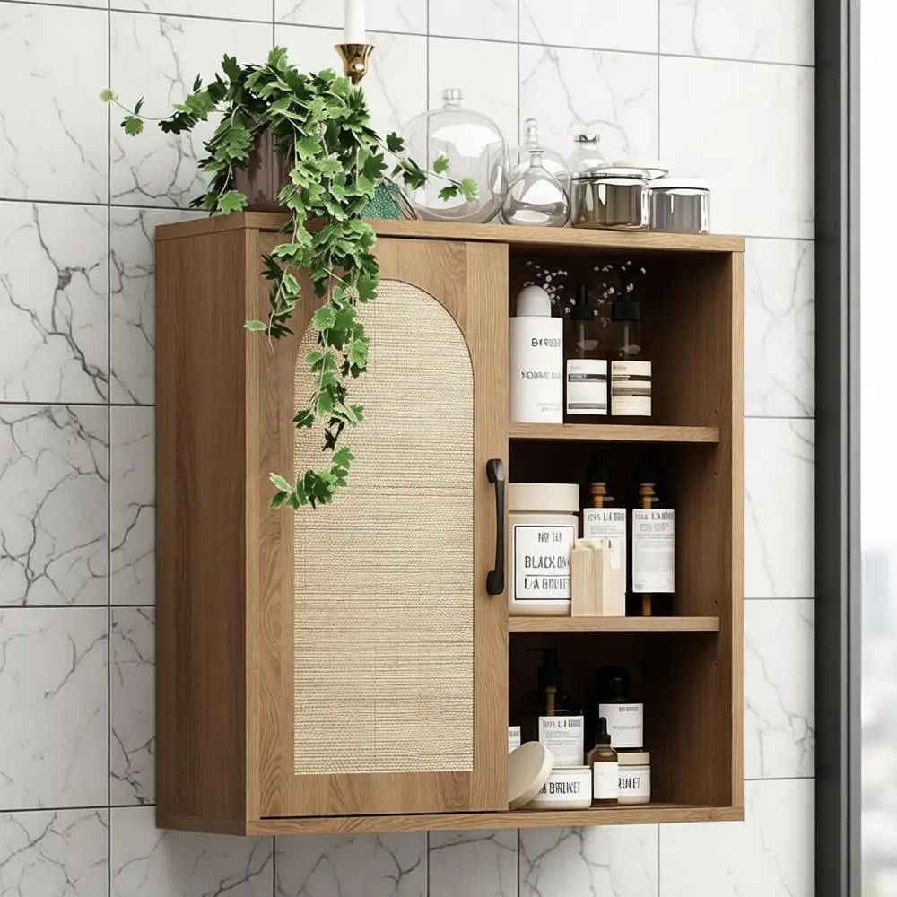 

Настенный шкаф из ротанга в стиле бохо, шкаф для ванной комнаты середины века с раздвижной дверью, регулируемыми полками, шкаф для хранения над унитазом (Ru)