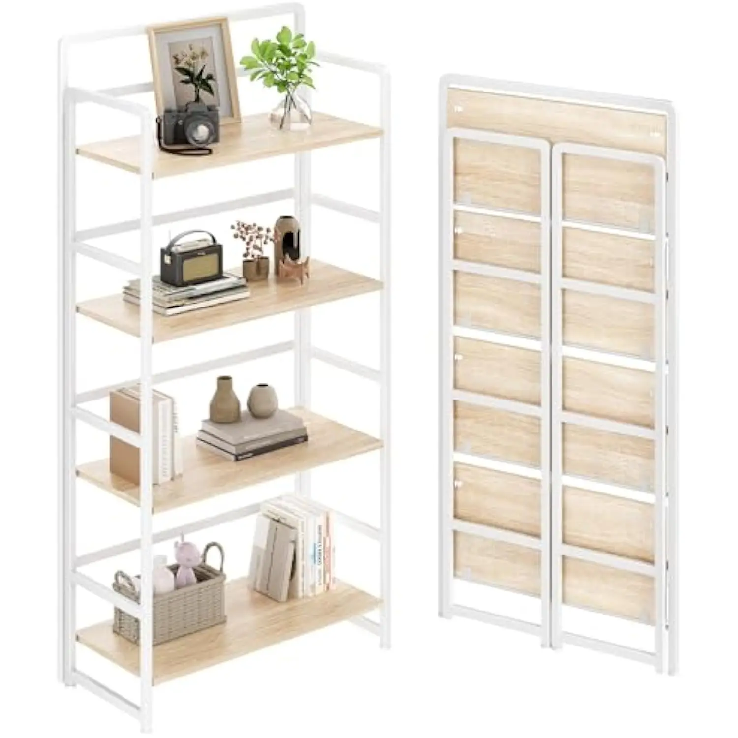 

No Assembly Folding Bookshelf, 4 Tiers Collapsible Book Shelf for Home Office, Vintage Wood Foldable Bookcase Storage Organizer