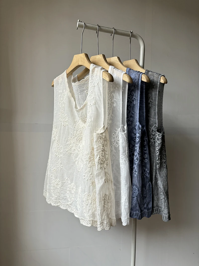 

Жилет из чистого хлопка с вышивкой, топ, тяжелая рабочая одежда небольшого размера, китайский жилет с высокой талией, тонкий хлопок, летняя мода