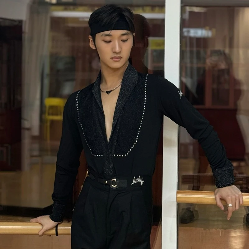 

Мужские черные топы с V-образным вырезом для современных танцев, рубашка для латиноамериканских танцев ча-ча-ча и самбы, мужская рубашка для бальных танцев, одежда для тренировок SL15055