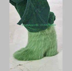 Lady T Shows Vintage Green Fur Calf Boots Chunky Heel Punk Style Fur Design Boots New Arrive Runway Dress Party Boots Rozmiar 3545