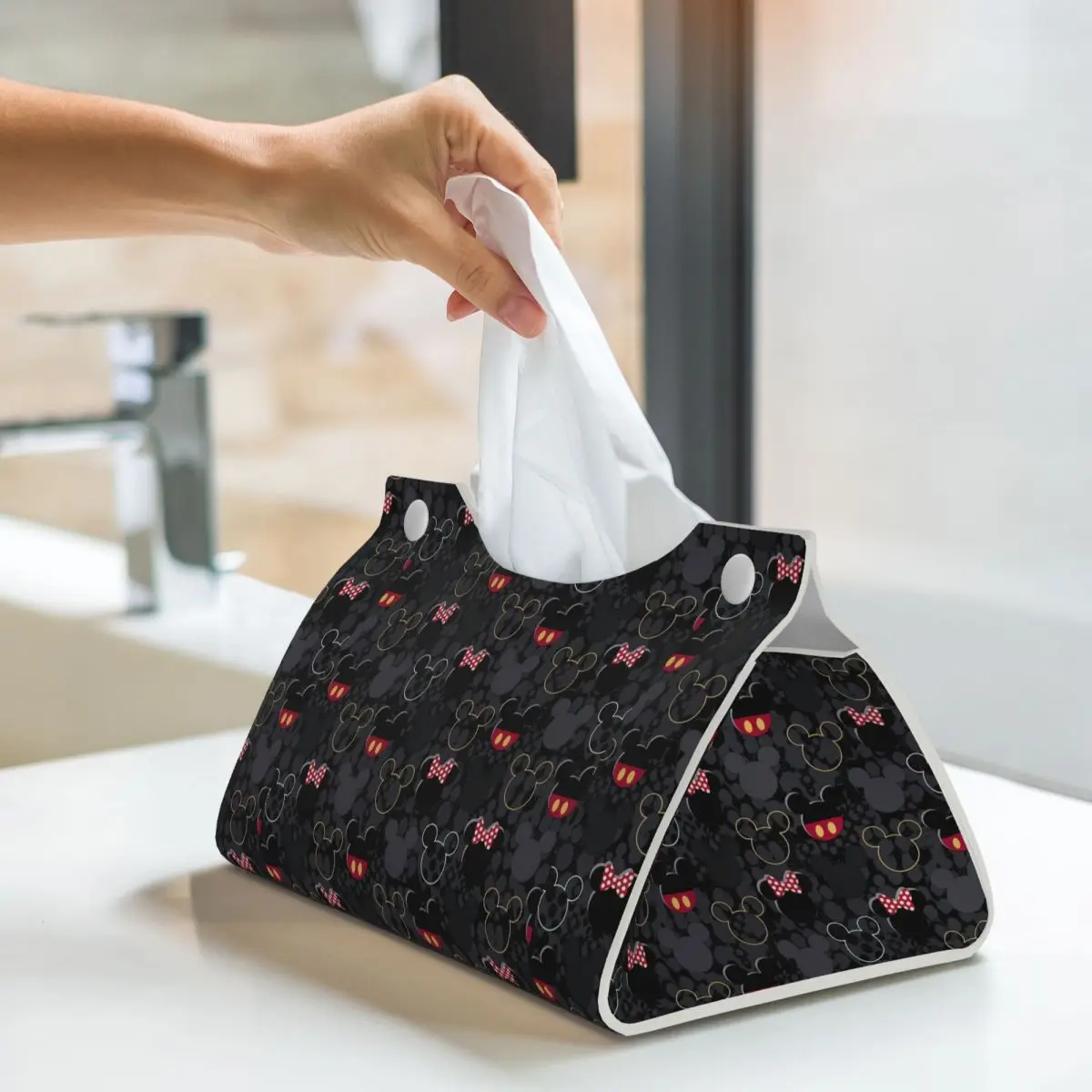 Custom Mickey Mouse Art Cartoon Facial Tissue Box Cover Rectangular PU Leather Tissue Box Holder for Car Home