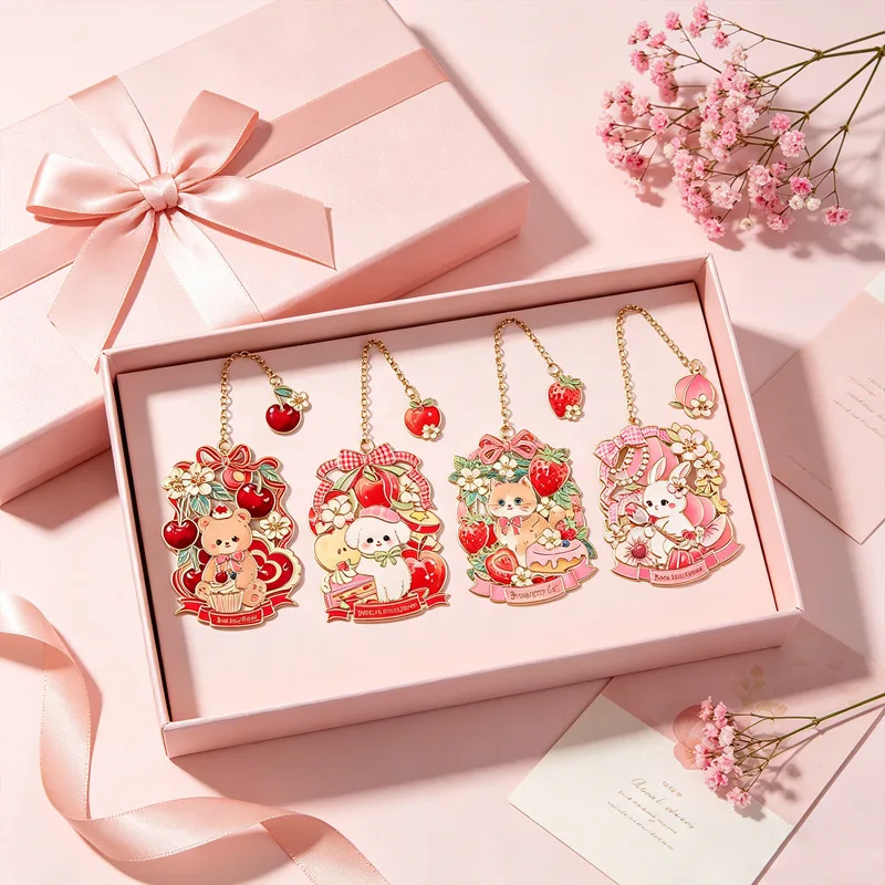 Cute Strawberry Bear Bunny Brass Bookmark with Pendant Chain – Kawaii Animal Metal Book Marker Stationery Gift for Kids Girls