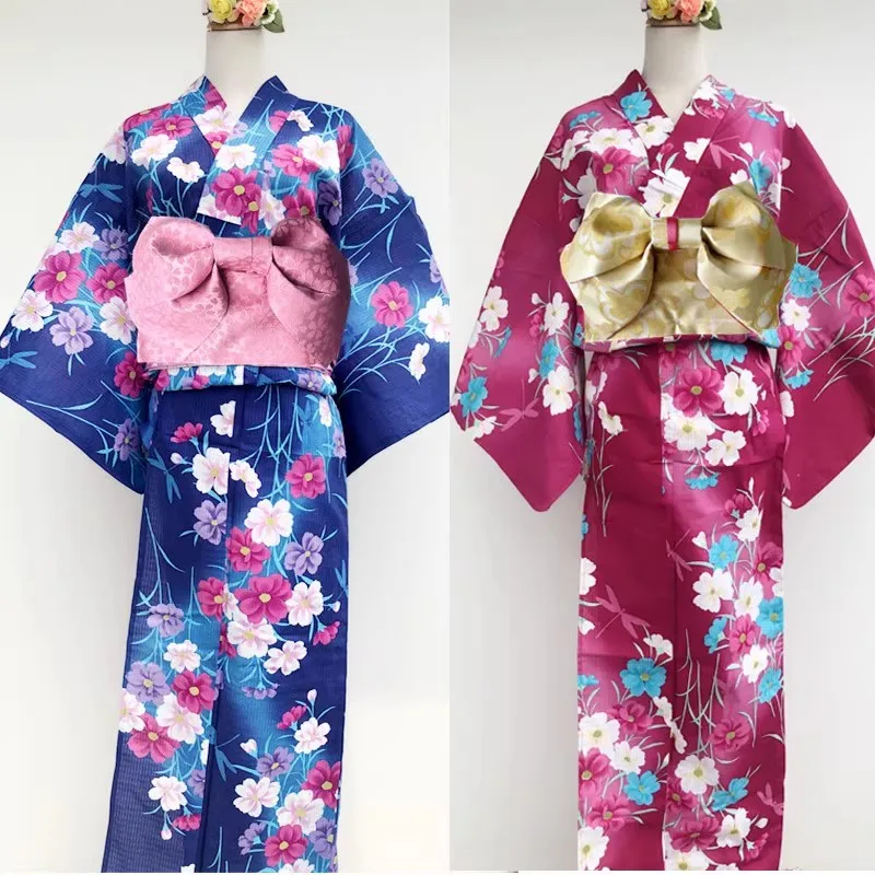 

Women Cotton Japanese Yukata Traditional Floral Kimono with Obi Retro Style Photography Long Dress Cos Costume