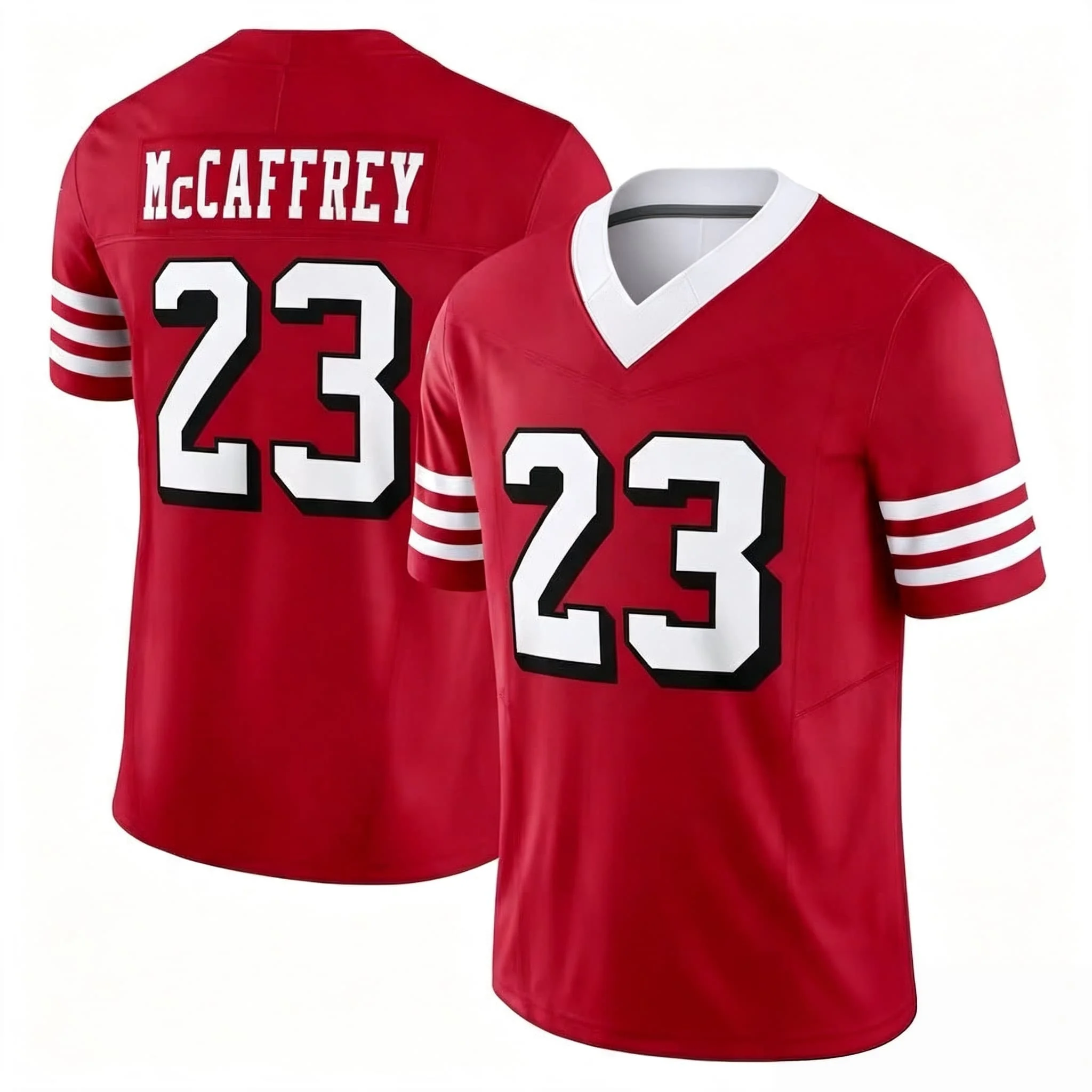 Männer # 23 McCaffrey Rotes Heim-Fußballtrikot mit Namen und Nummer, Drei-Streifen-Ärmel, V-Ausschnitt, Atmungsaktiv, für Sportfans, Passend für die Familie – Detail 8