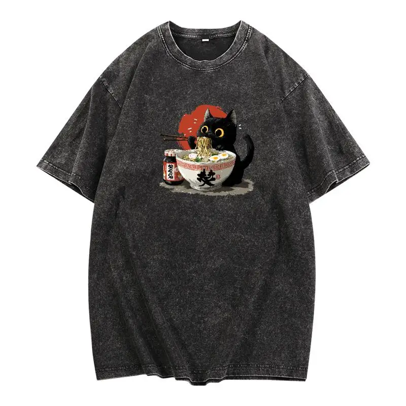 

Vintage Ramen Cat Print Men's T-Shirt Anime Style Oversized Streetwear Washed Cotton Tee Casual Summer Top S-XXL