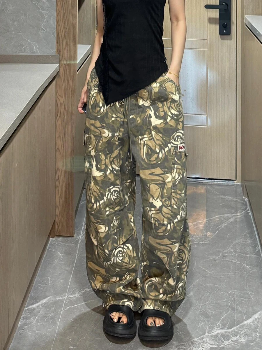 Autumn Winter New Low Rise Jeans Y2k Ladies American High Street Baggy Pants Woman Camouflage Drawstring Mop Jeans for Women