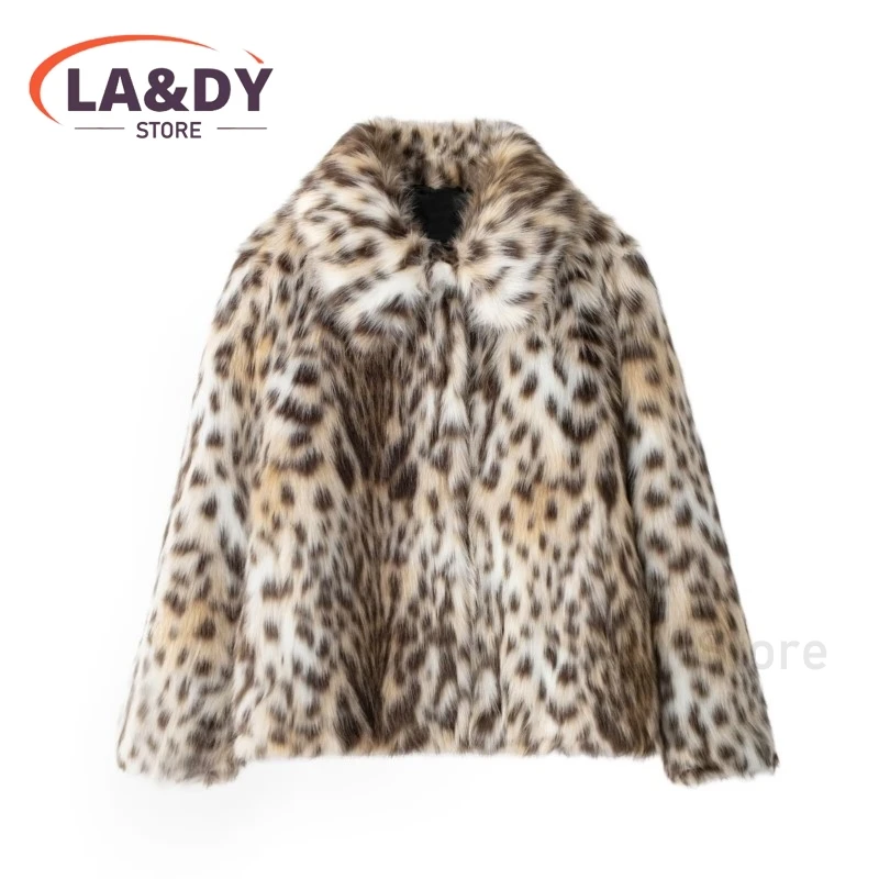 2024 Winter Women Fashion Leopard Print Thickening Faux Fur Jackets Female Casual Long Sleeve Warm Outerwear Tops