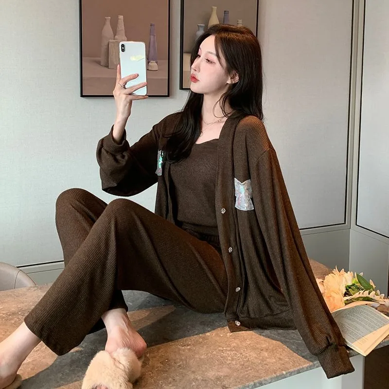 

2024 New Pajama Women Spring Autumn Sleepwear Three-piece Long-sleeved Pants Loungewear Simple Student Dormitory Homewear