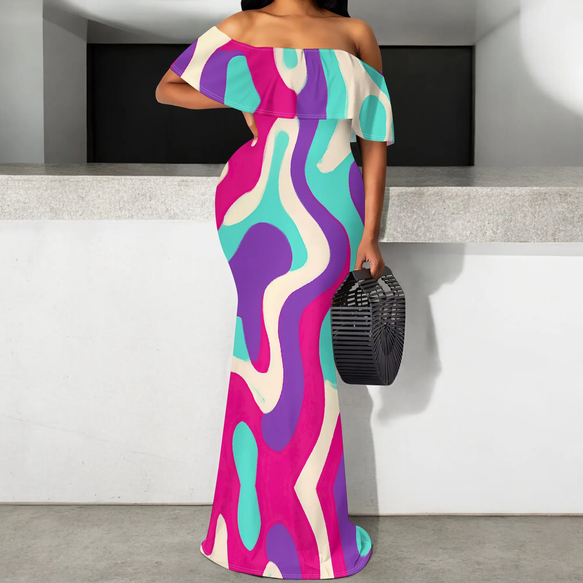 

Abstract Wave Print Maxi Dress S-3XL Off Shoulder Bodycon Art Style Gown
