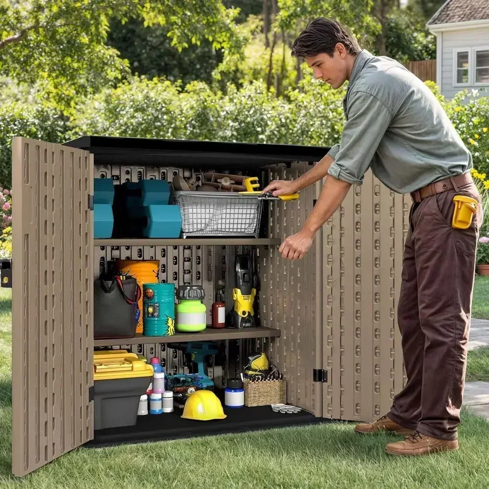 Weatherproof Horizontal Plastic Outdoor Storage Cabinet with 2 Shelves, Lockable Door, 15 cu. ft., Suitable for Patio, Garden, B