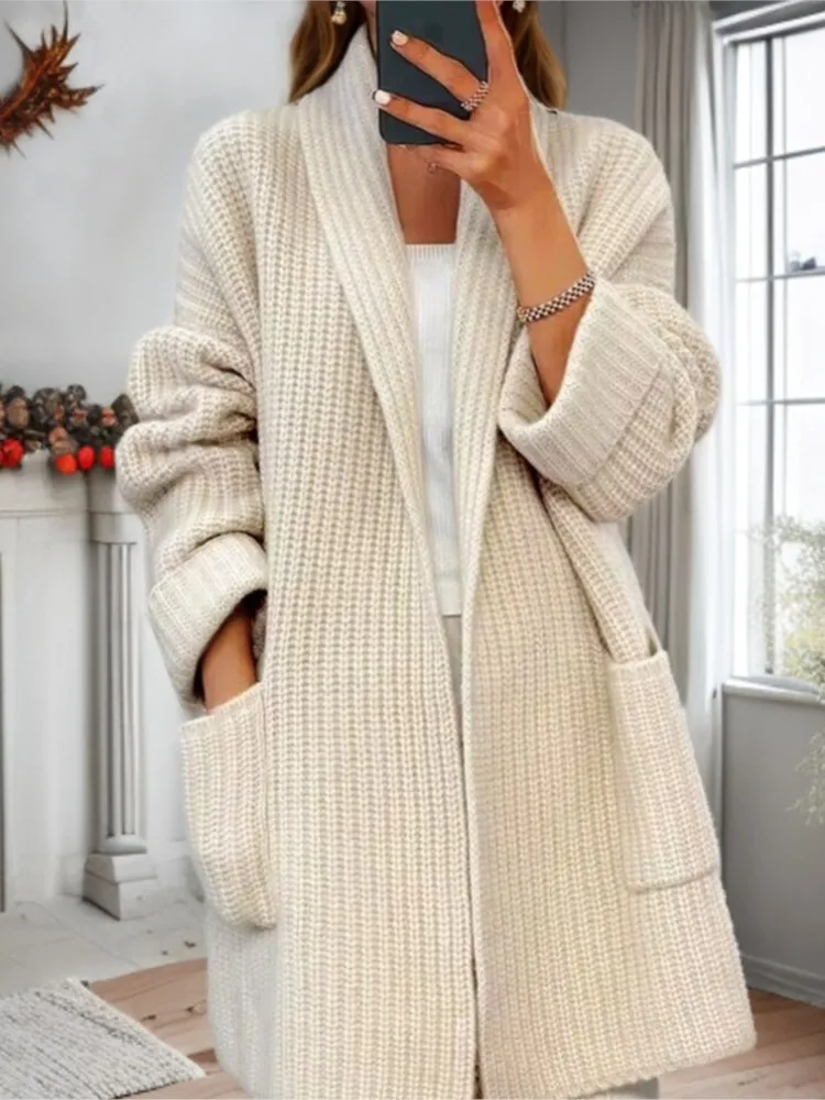 Gebreid vest voor dames Mode Effen kleur V-hals met zak Losse lange elegante trui Herfst Winter Dame Kantoortruien